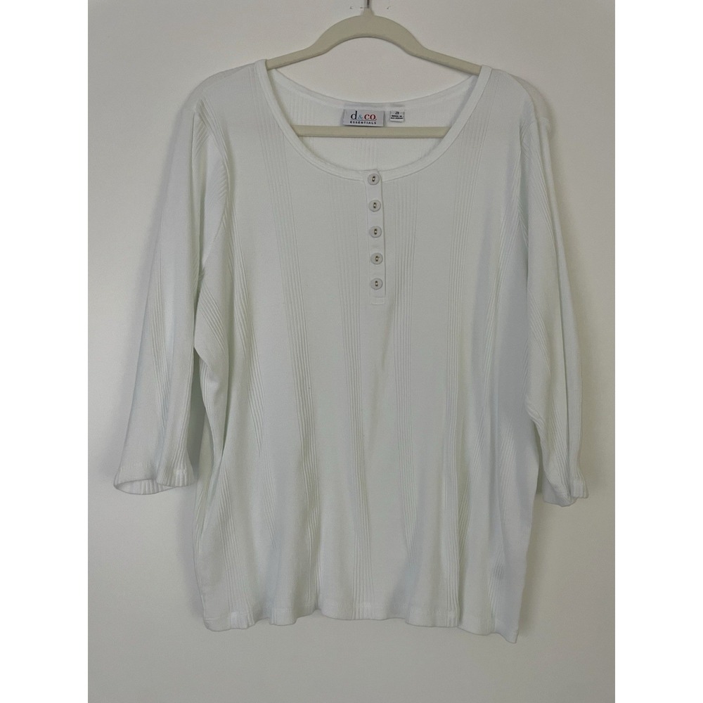 d & co. Essentials Womens White 3/4‎ Sleeve Tunic Top Shirt 100% Cotton - 2X